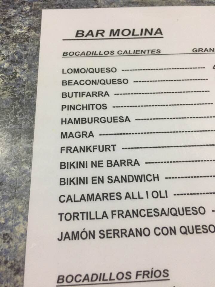 Carta de Bar molina — página 1